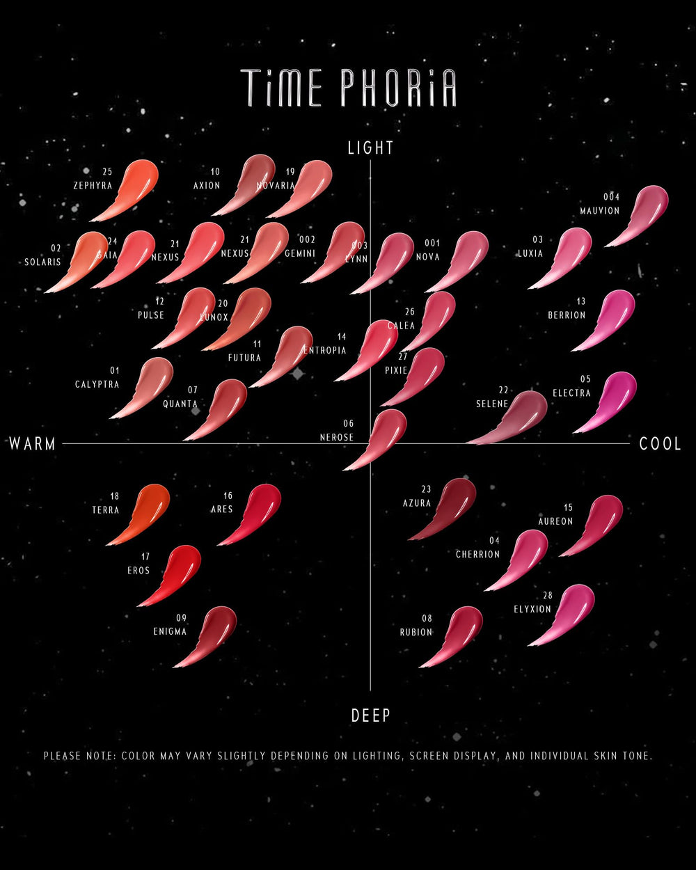 TIMEPHORIA Stellar Dust Lip Stain 09 Enigma close-up swatch shows deep red-brown shade.