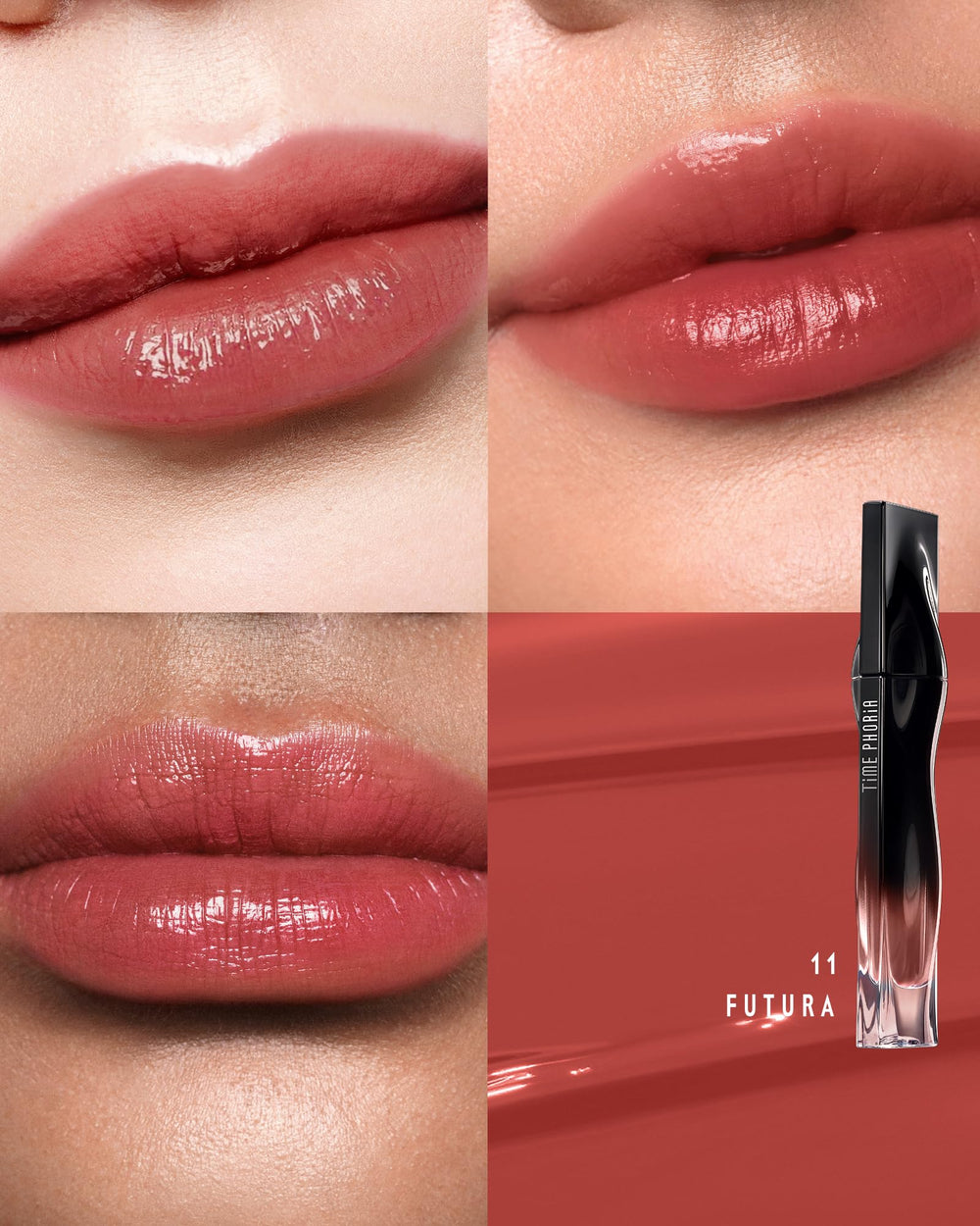 Timephoria Stellar Dust Lip Stain 11 Futura swatch-rose-brown shows rich pigment