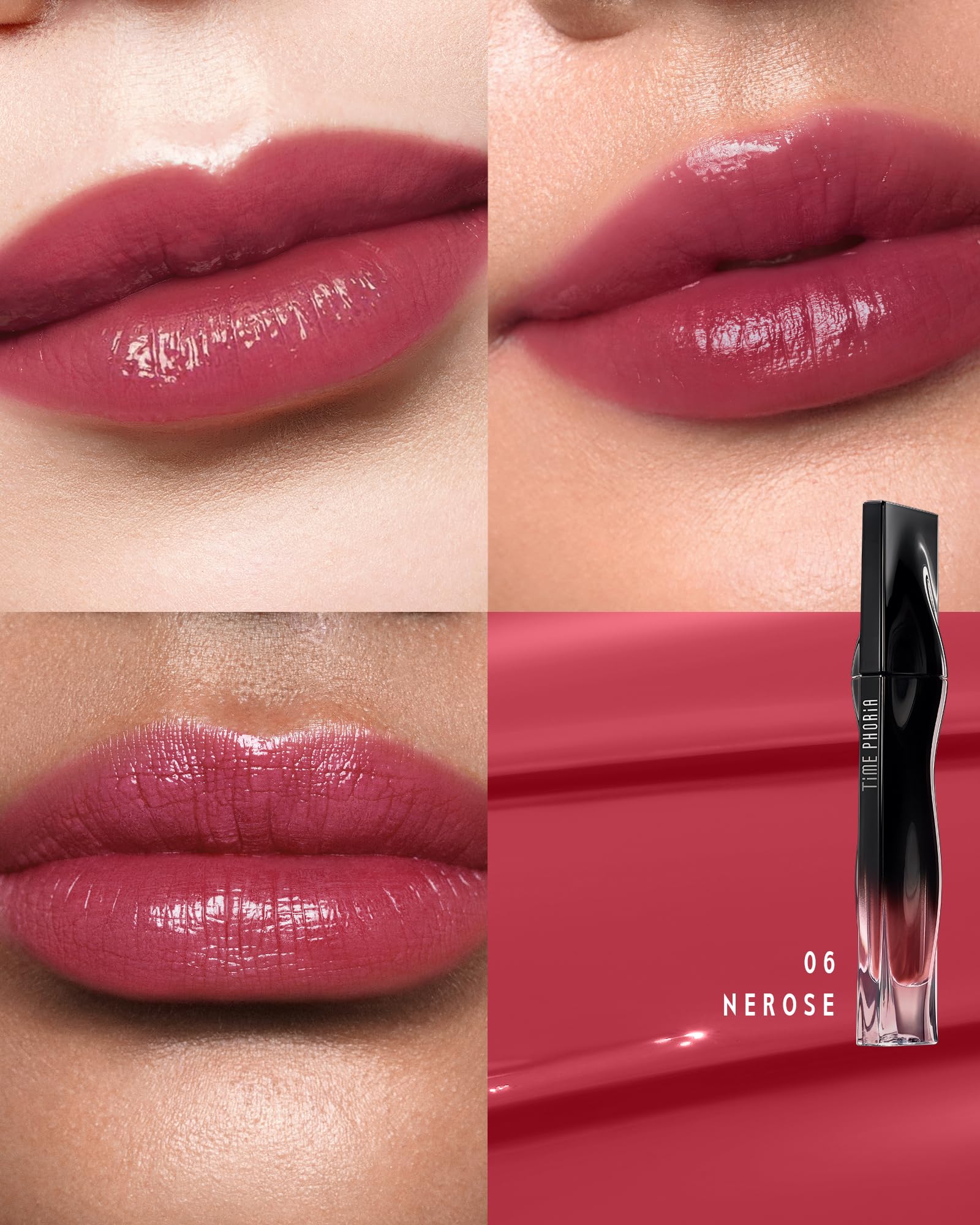 Timephoria Stellar Dust Lip Stain Nerose bottle close-up highlighting glossy finish.