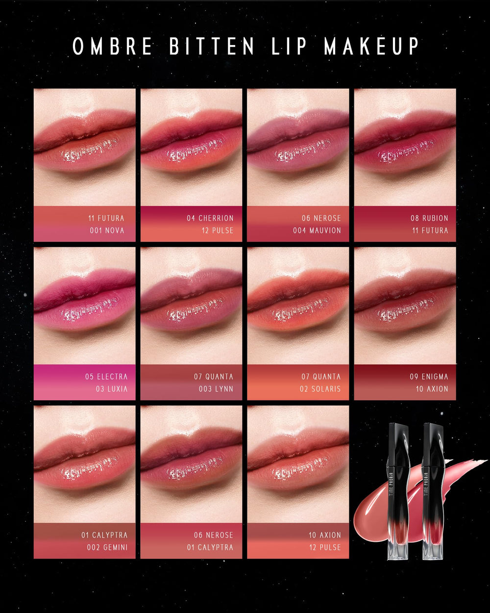 Timephoria Stellar Dust Lip Stain Nerose 22-shade range preview.