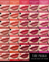Timephoria Stellar Dust Lip Stain Nerose swatch demonstrates transfer-resistant formula.