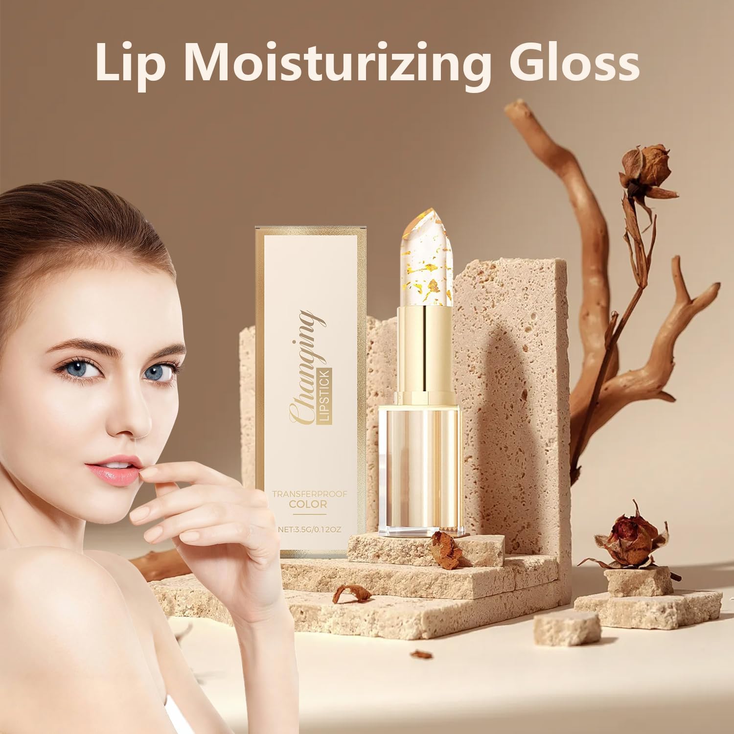 TIMLIFE clear lipstick developing pink tone on lips with personalized shade.