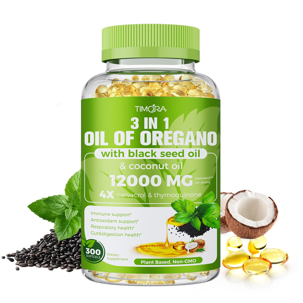 TIMORA 40:1 oregano softgels bottle shows premium daily wellness packaging.