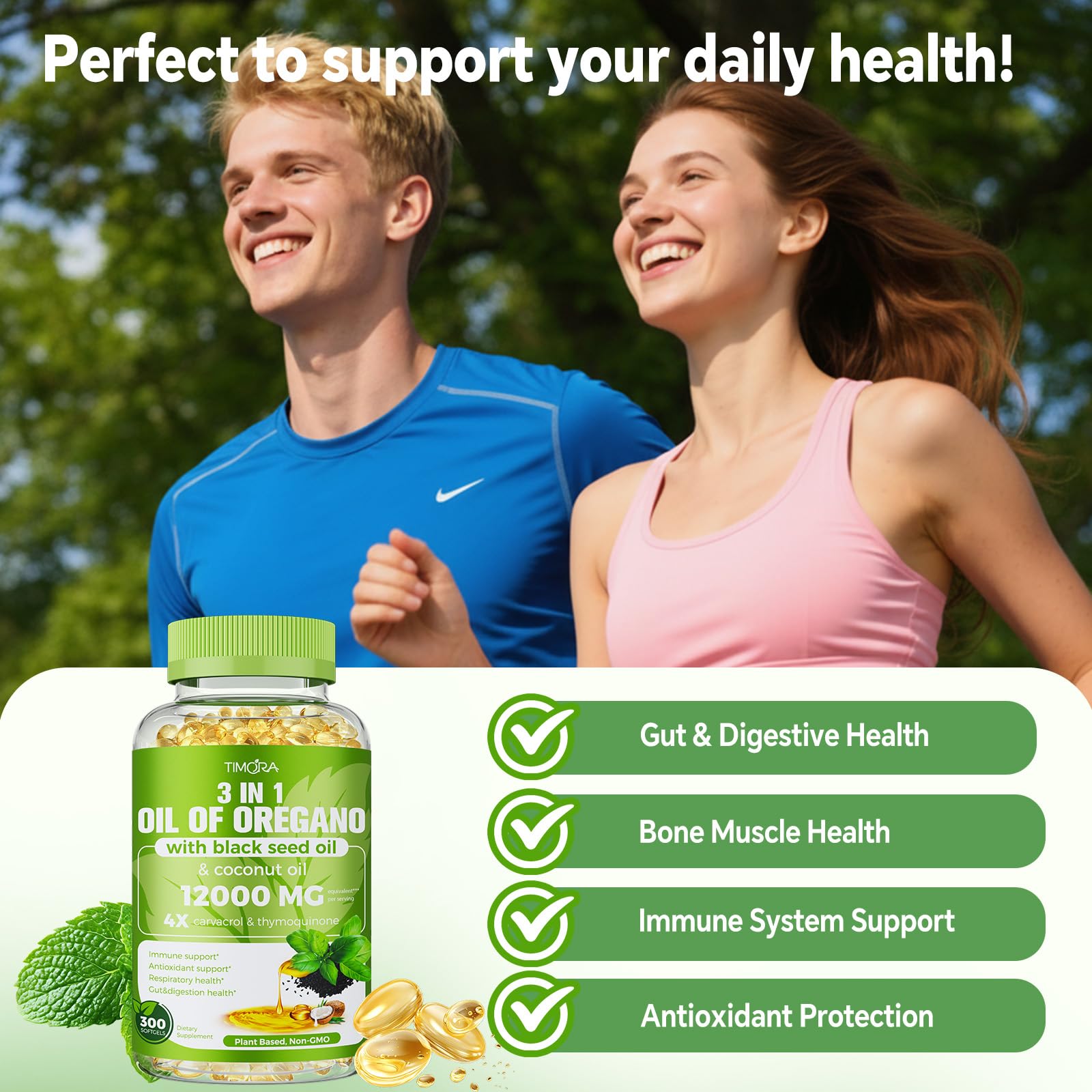 TIMORA bottle with label demonstrates 3-in-1 formula for digestive and immune support.