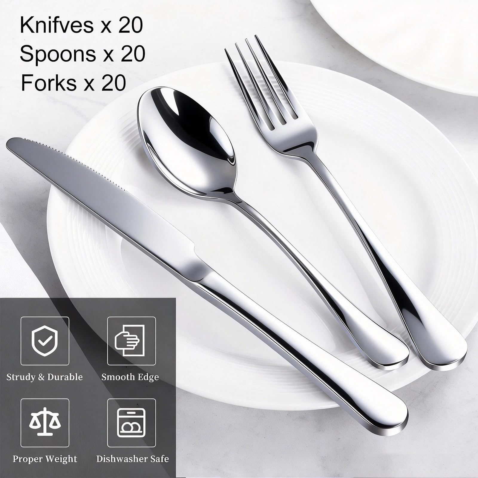 TININA dinner knives in the 60-piece set for precise cuts.