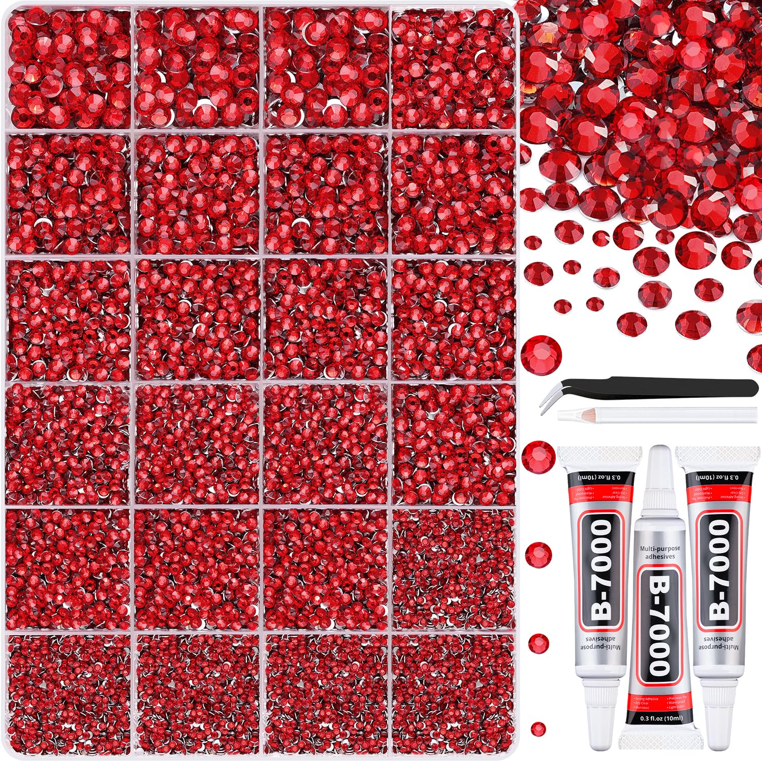 TINKRSTUFF 32000pcs red resin rhinestones in a box for versatile crafts.