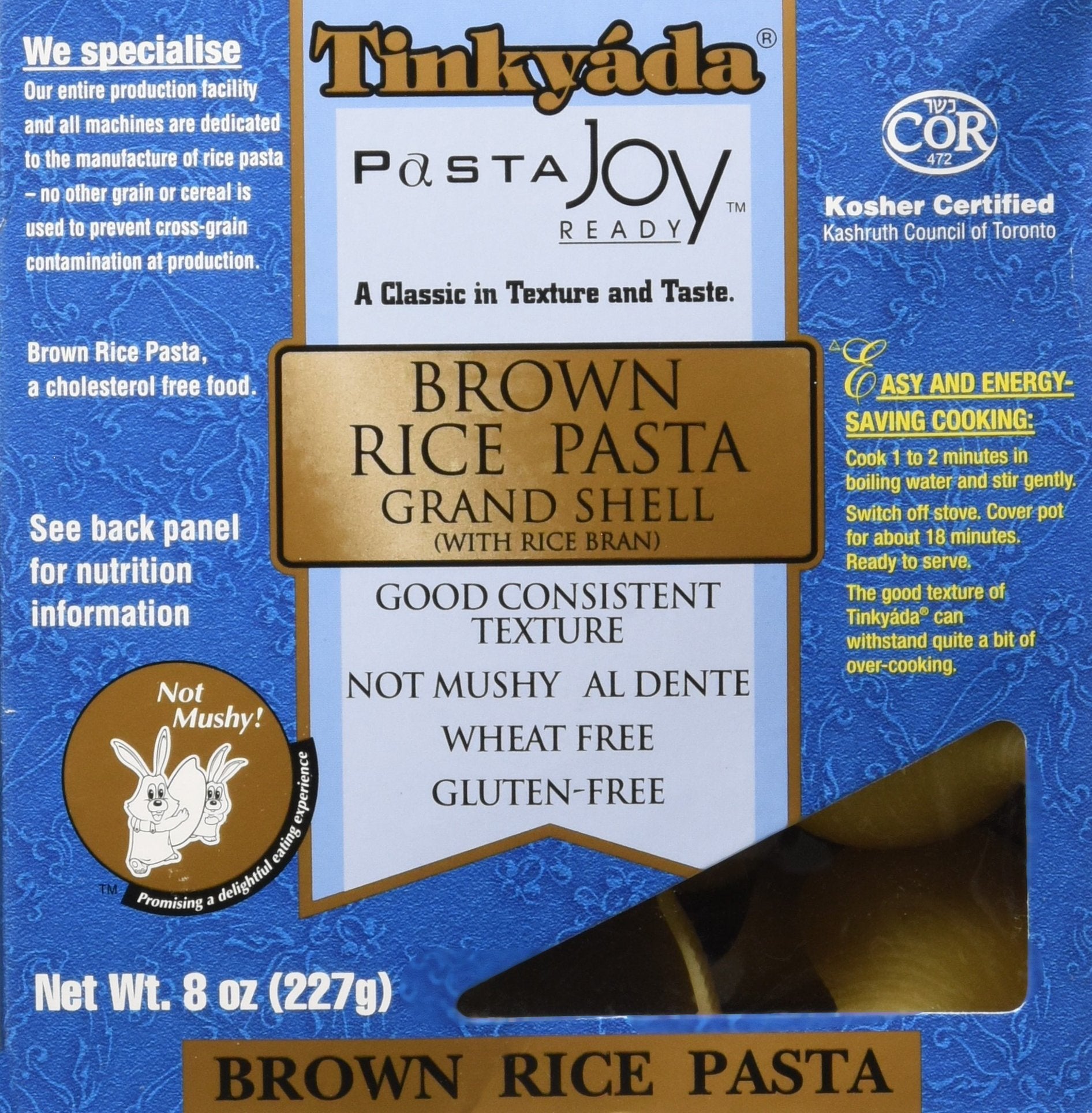 Tinkyada brown rice pasta shell 8oz—easy to store for quick dinners.