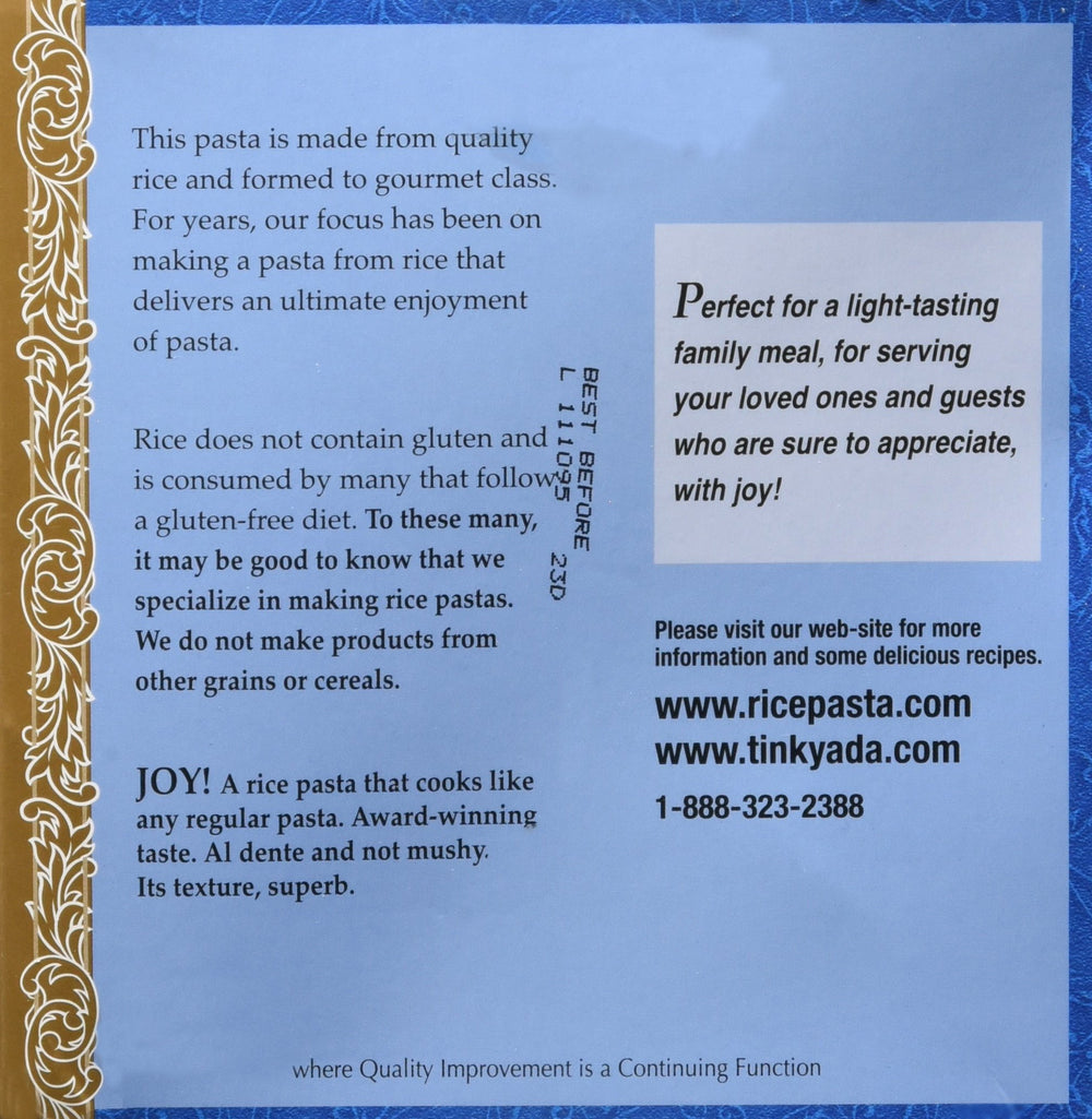 Tinkyada brown rice pasta shell ingredients—brown rice, rice bran, water.