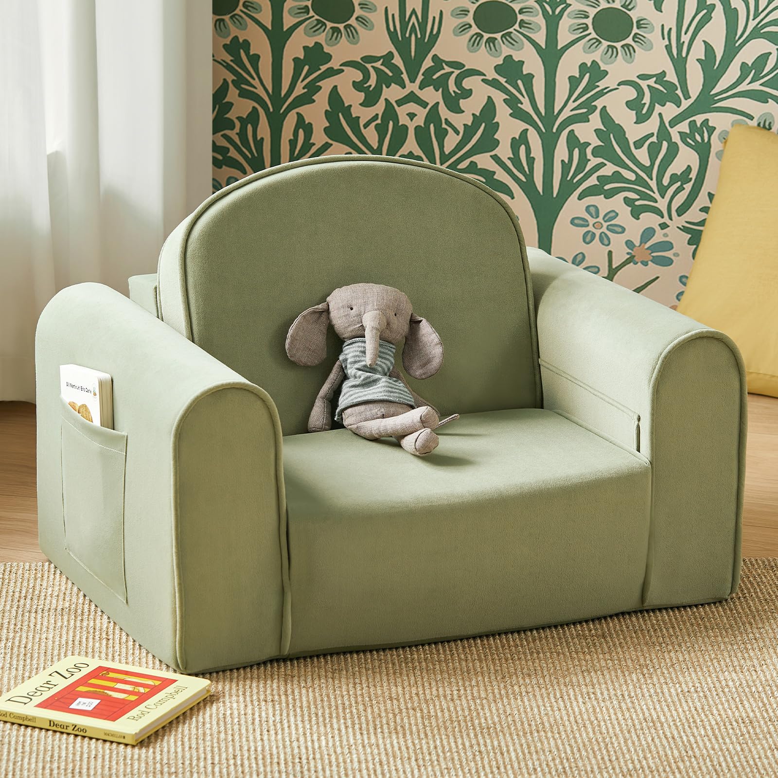 Tiny Land 2-in-1 sofa close-up shows soft fabric and green upholstery for cozy seating.