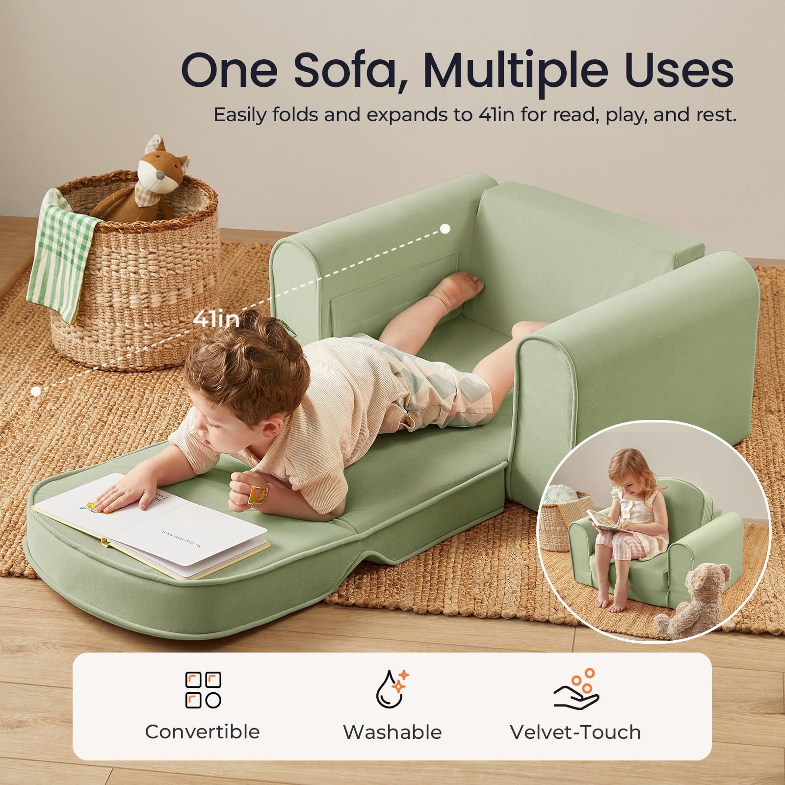 Tiny Land 2-in-1 sofa open into lounge mode, offering extra space for play.