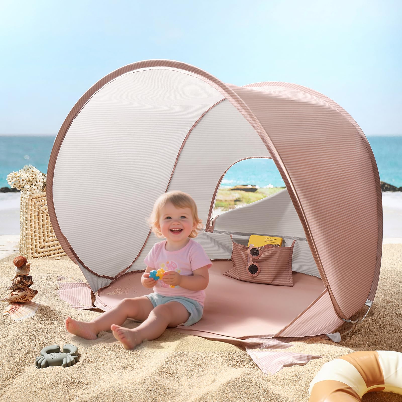 Tiny Land baby beach tent pops up for quick shade and UV protection.