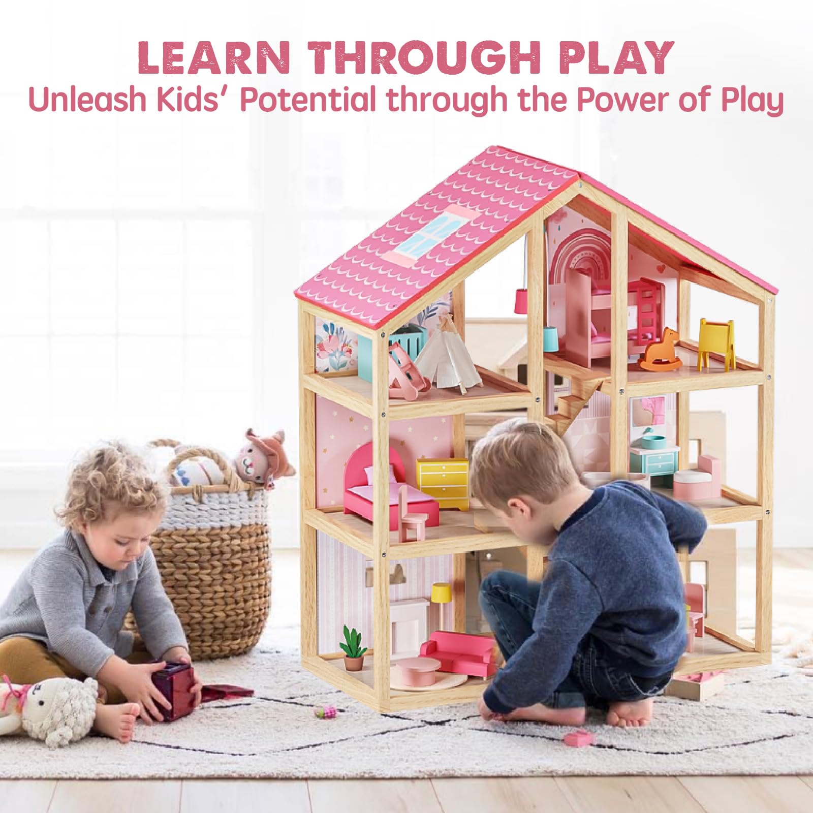 Tiny Land dollhouse with 31-piece furniture set supports complete room setup.