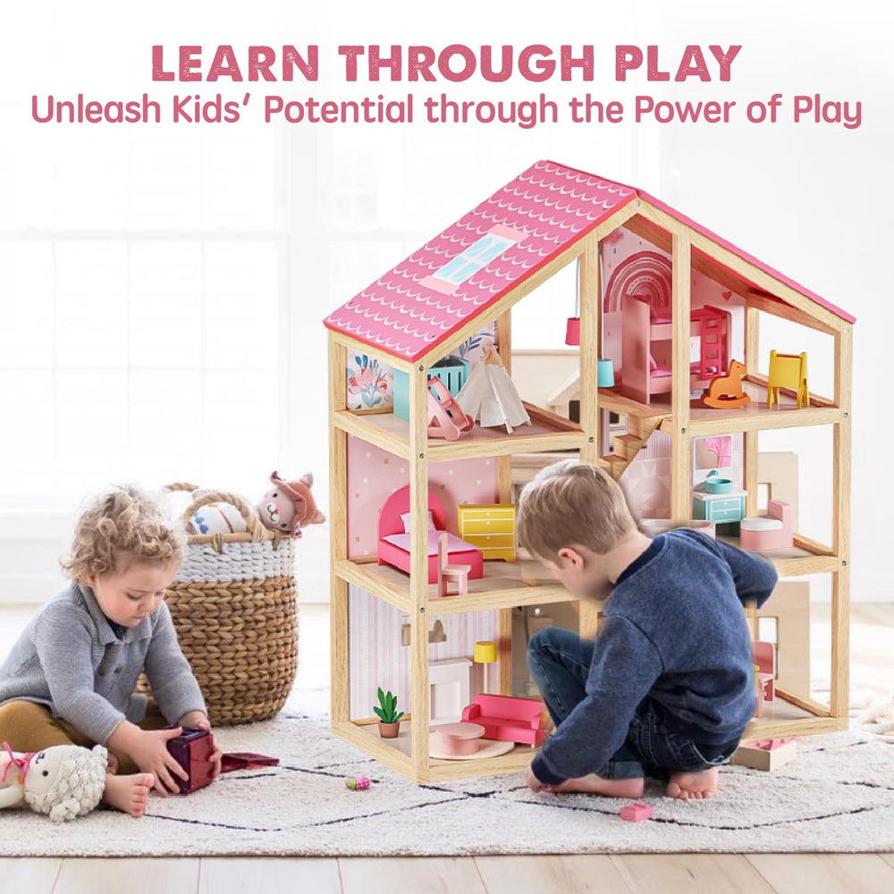 Tiny Land dollhouse with 31-piece furniture set supports complete room setup.