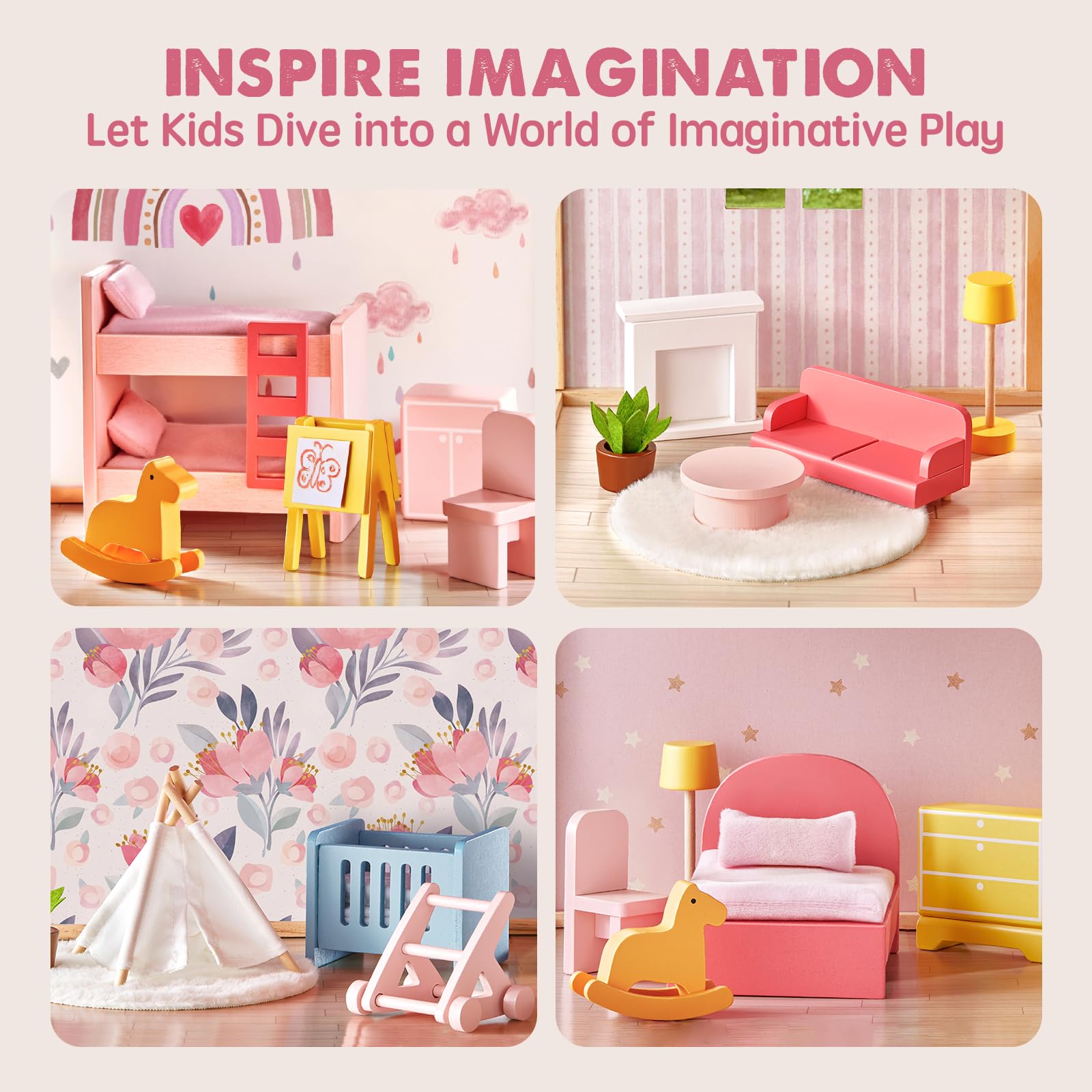 Tiny Land dollhouse features six wallpapers and realistic room details.