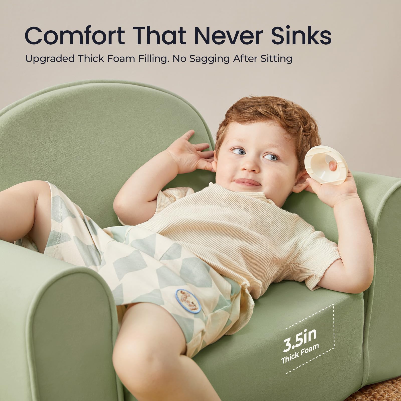 Tiny Land kids sofa with pockets storing toys for easy cleanup.