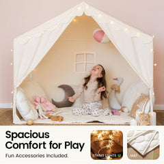 Cozy reading nook inside Tiny Land tent invites quiet story time