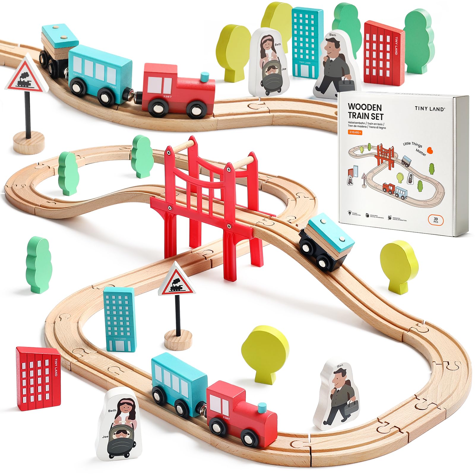 Tiny Land wooden train set 39-pcs with colorful tracks enables imaginative play.