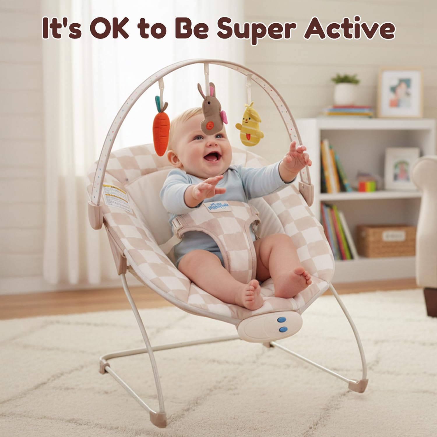 Tiny Marvels Baby Bouncer 3-point harness demonstrates secure setup for infants.