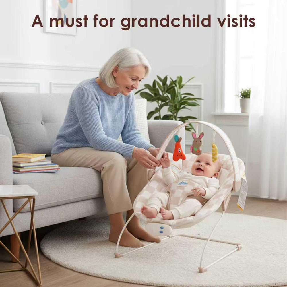 Tiny Marvels Baby Bouncer music function illustrates soothing melodies for baby moments.
