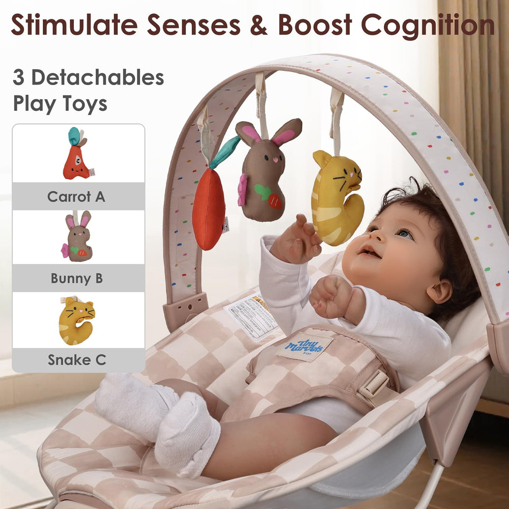 Tiny Marvels Baby Bouncer padded seat emphasizes stain-resistant, easy-clean fabric.