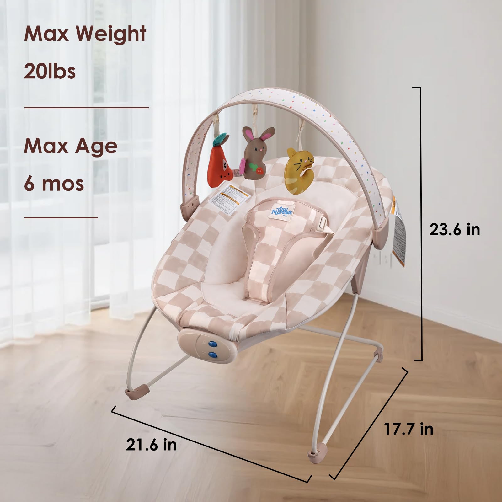 Tiny Marvels Baby Bouncer portable design makes outdoor or travel use convenient.