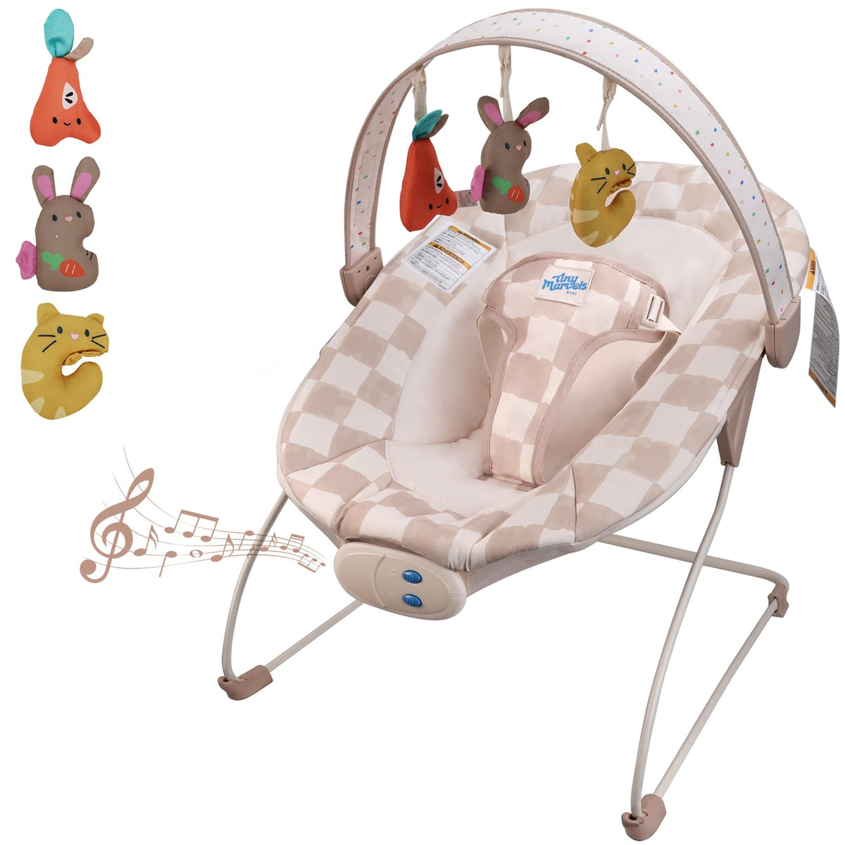 Tiny Marvels Baby Bouncer seat front view shows safe, plush newborn support.