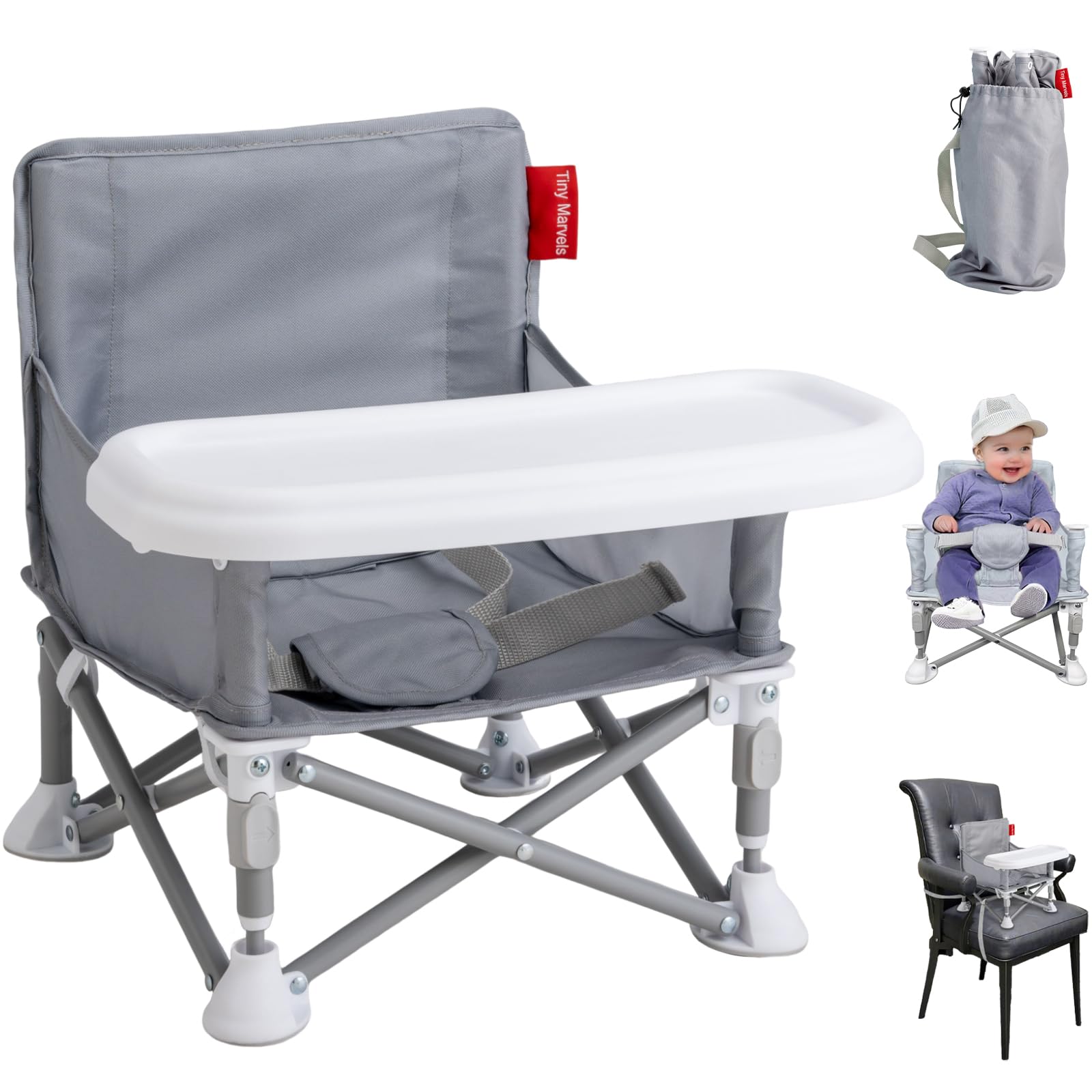 Tiny Marvels portable booster seat folded for compact storage and travel use.