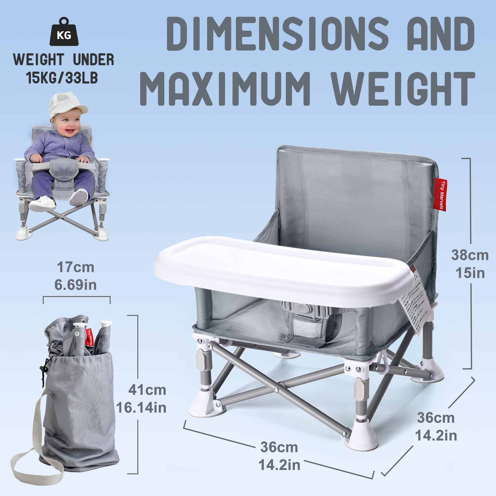 Tiny Marvels booster seat with non-slip feet stabilizing on surfaces.