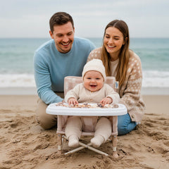 Removable tray keeps snacks within reach while independent feeding