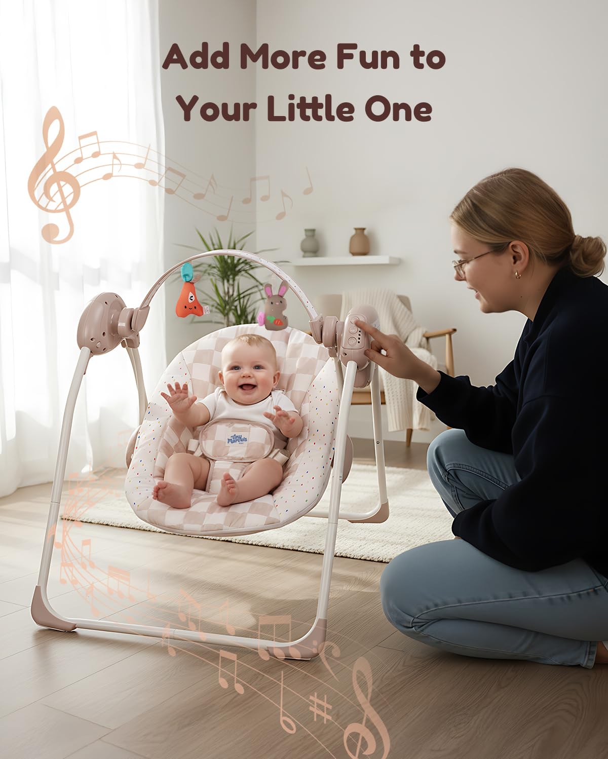 Tiny Marvels portable swing operates quietly for tranquil moments