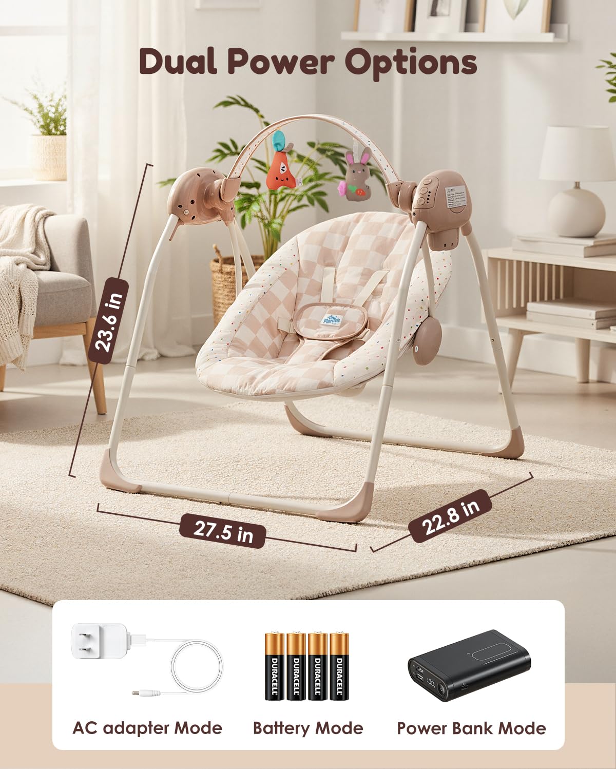 Tiny Marvels portable swing with removable toy bar for interactive play