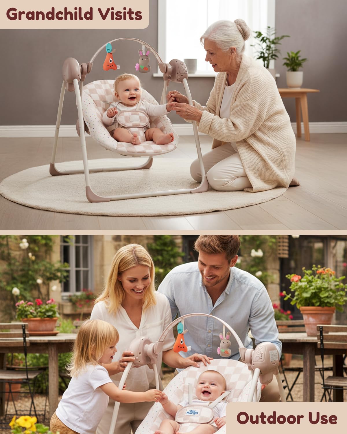 Tiny Marvels portable swing with soft fabric cover for comfortable use
