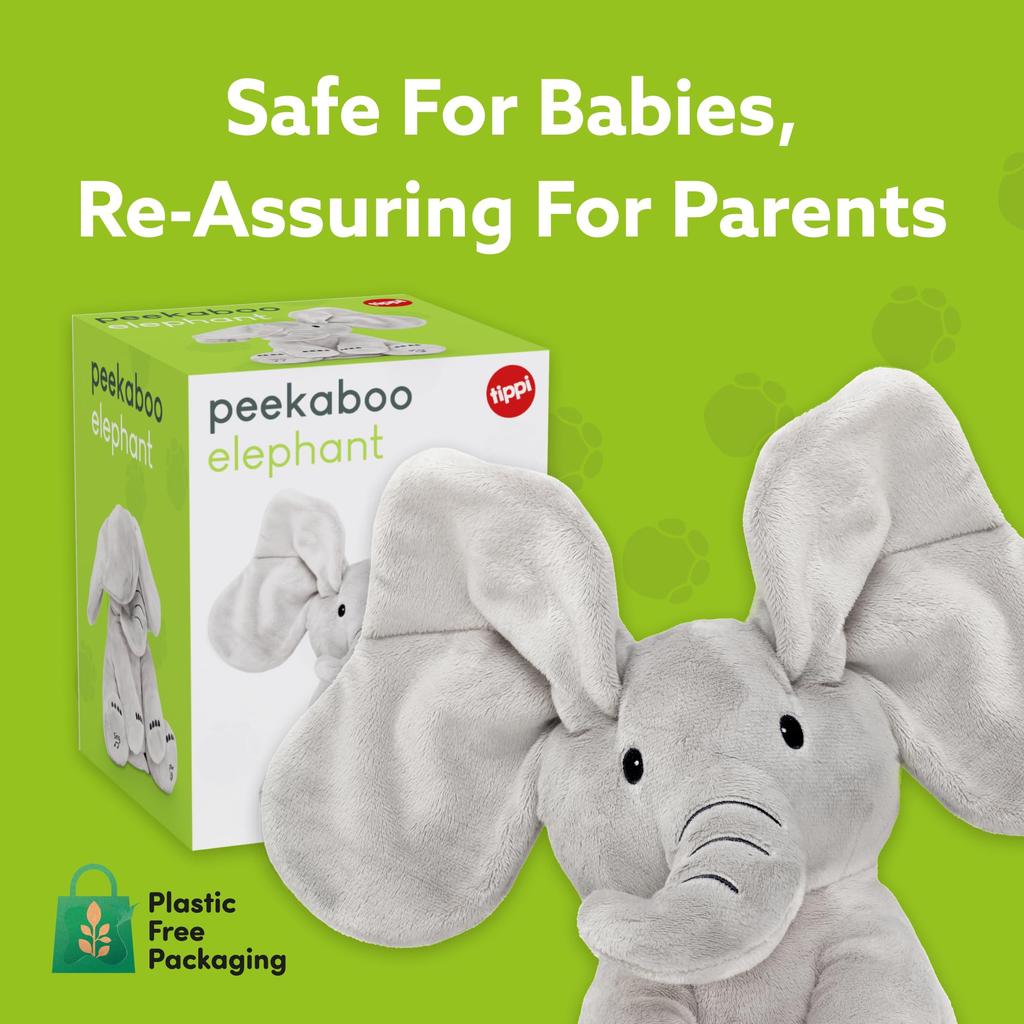 Tippi Peek-a-Boo Elephant baby cuddling scene showcasing safe, newborn-friendly design.