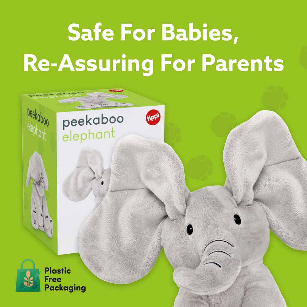 Tippi Peek-a-Boo Elephant baby cuddling scene showcasing safe, newborn-friendly design.