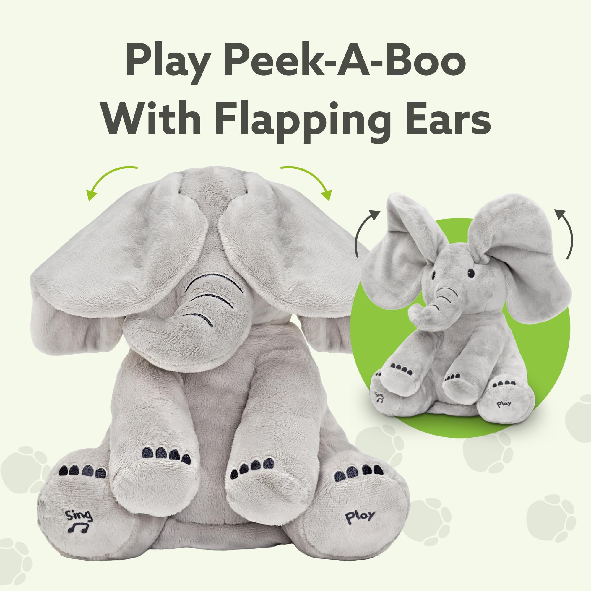Tippi Peek-a-Boo Elephant ears flap as baby watches the musical moment.