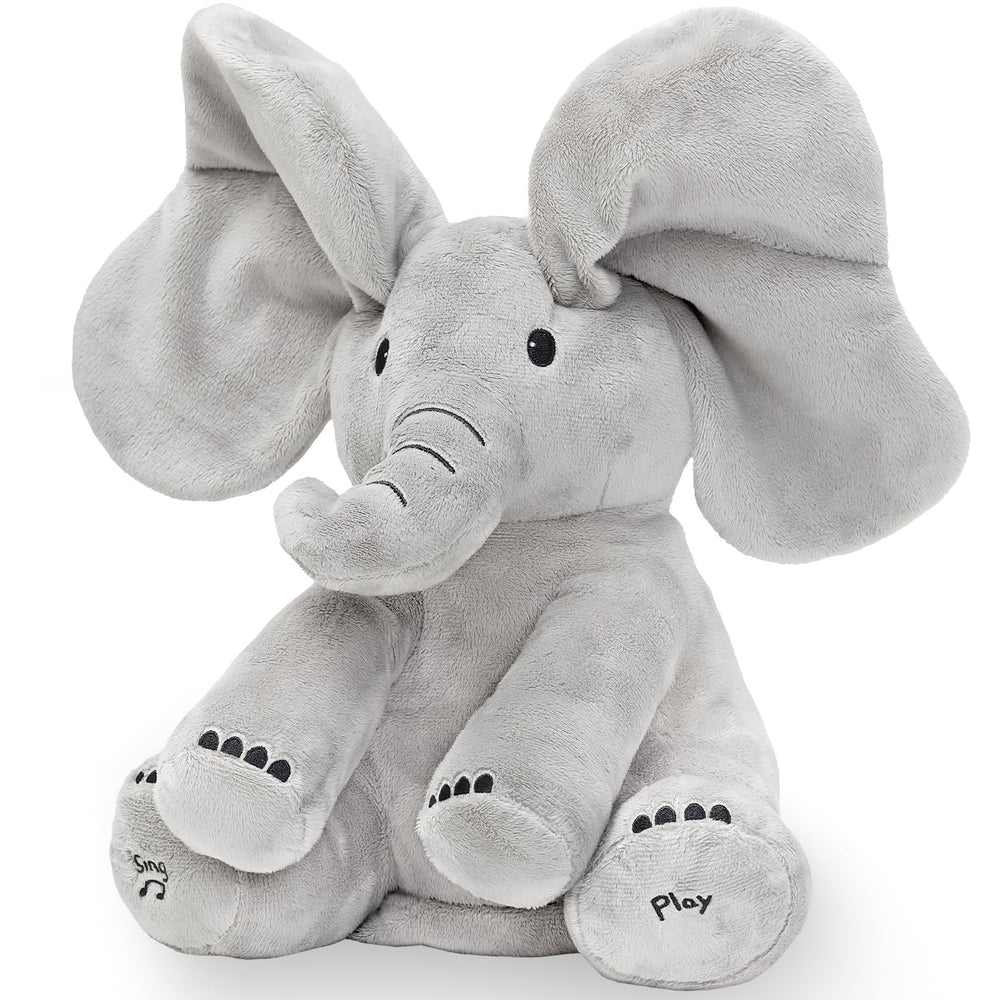 Tippi Peek-a-Boo Elephant sings to baby with a friendly face for interactive play.