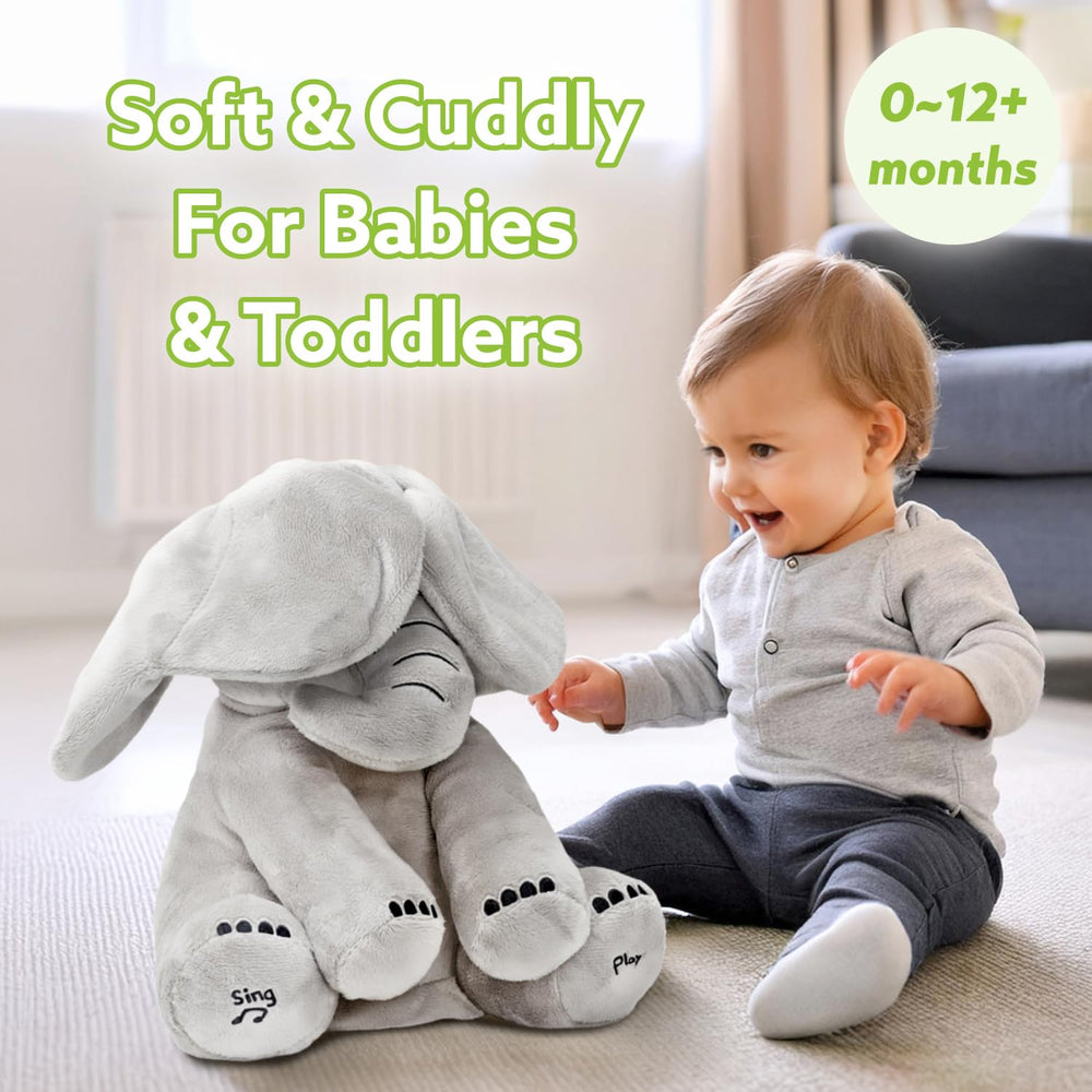 Tippi Peek-a-Boo Elephant interactive play mode for engaging infant attention.