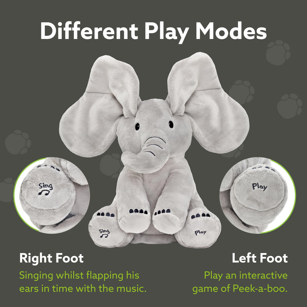 Tippi Peek-a-Boo Elephant left-foot press triggers singing and ear movement.