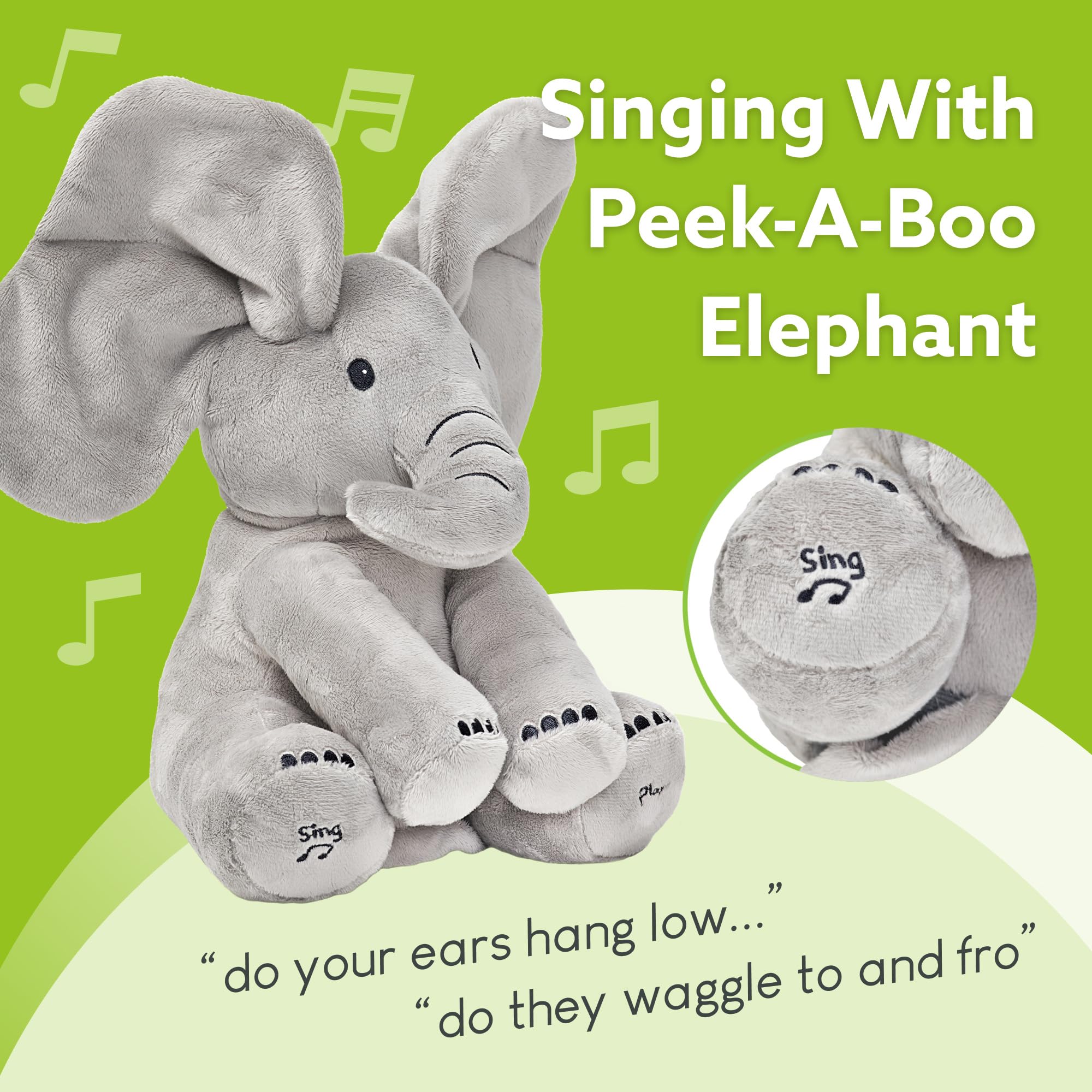 Tippi Peek-a-Boo Elephant right-foot press activates peek-a-boo moment.