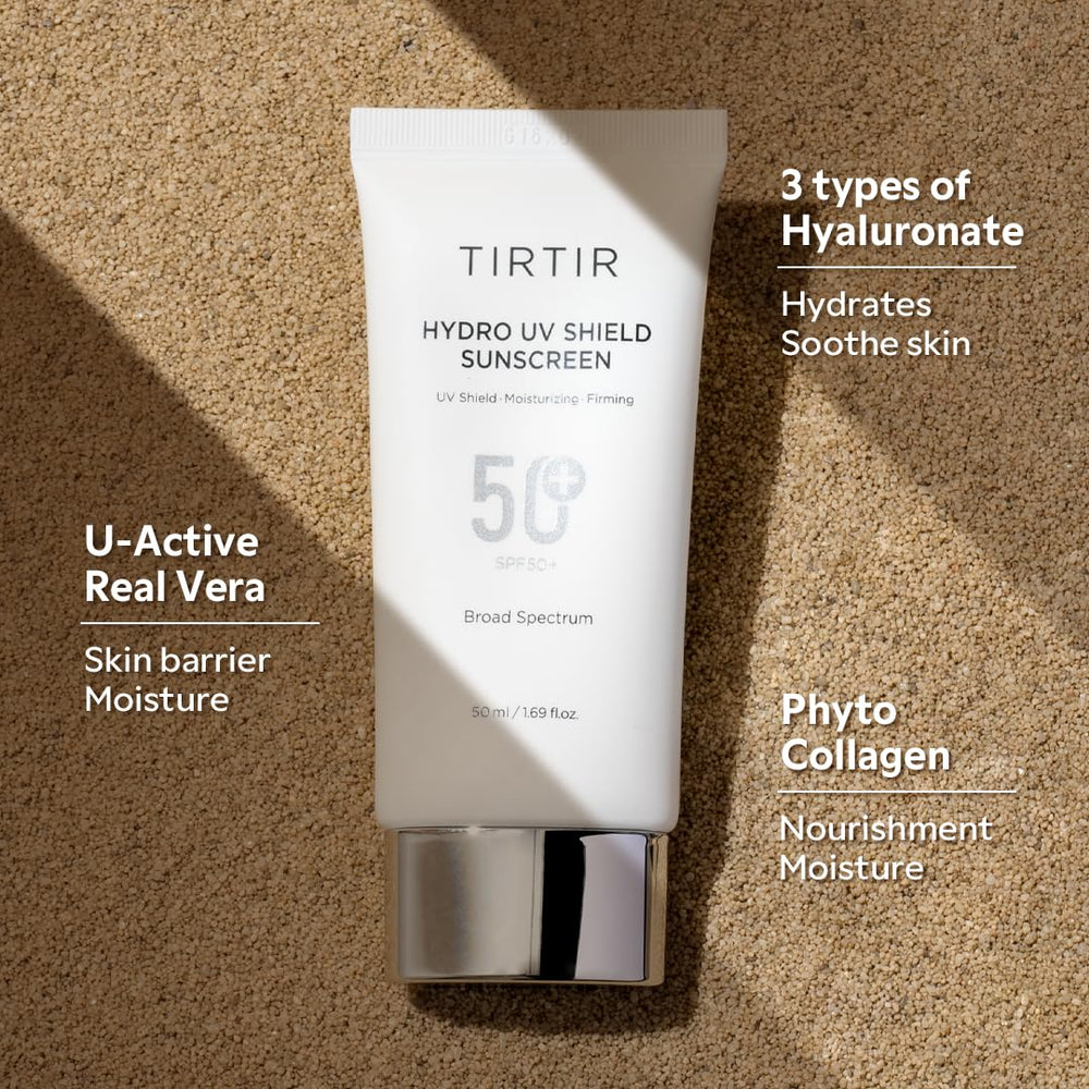 Close-up of TIRTIR Hydro UV Shield texture highlighting hydrating feel.