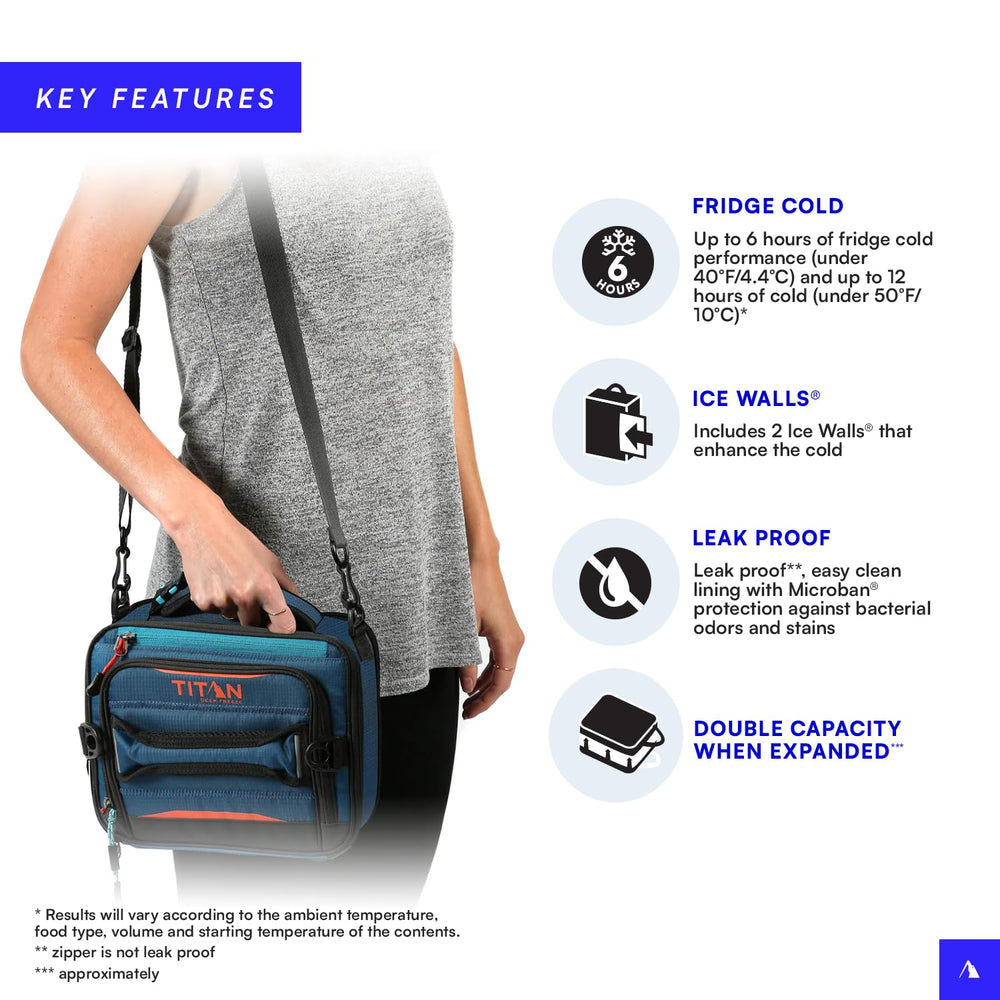 Titan by Arctic Zone blue lunch box with ice walls inserted into exterior pockets.