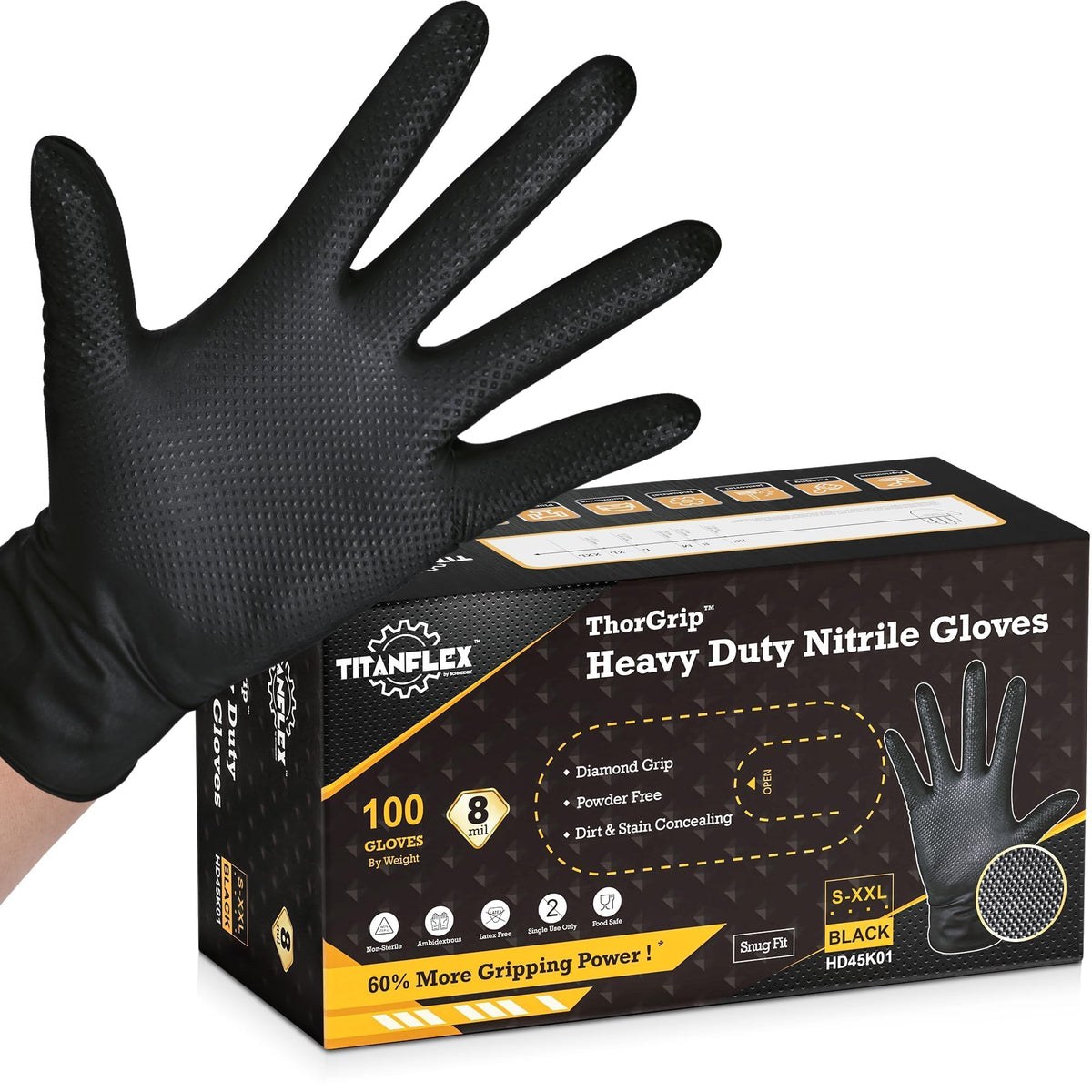 TitanFlex 8-mil nitrile gloves in black packaging signaling professional durability and ready-to-use protection.