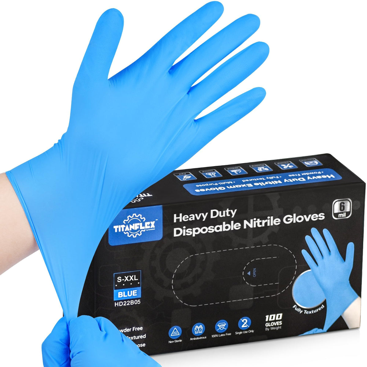TitanFlex heavy-duty blue nitrile gloves, large size, box of 100 for demanding tasks.