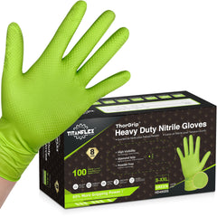 TitanFlex heavy-duty green nitrile gloves with raised diamond texture for secure grip in wet conditions.