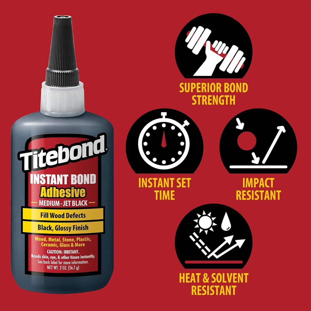 Titebond Instant Bond Jet Black label detail for stable, precise woodworking bonding.