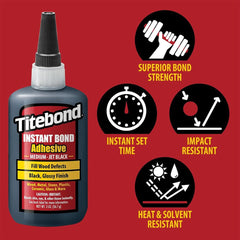 Titebond Instant Bond Jet Black label detail for stable, precise woodworking bonding.