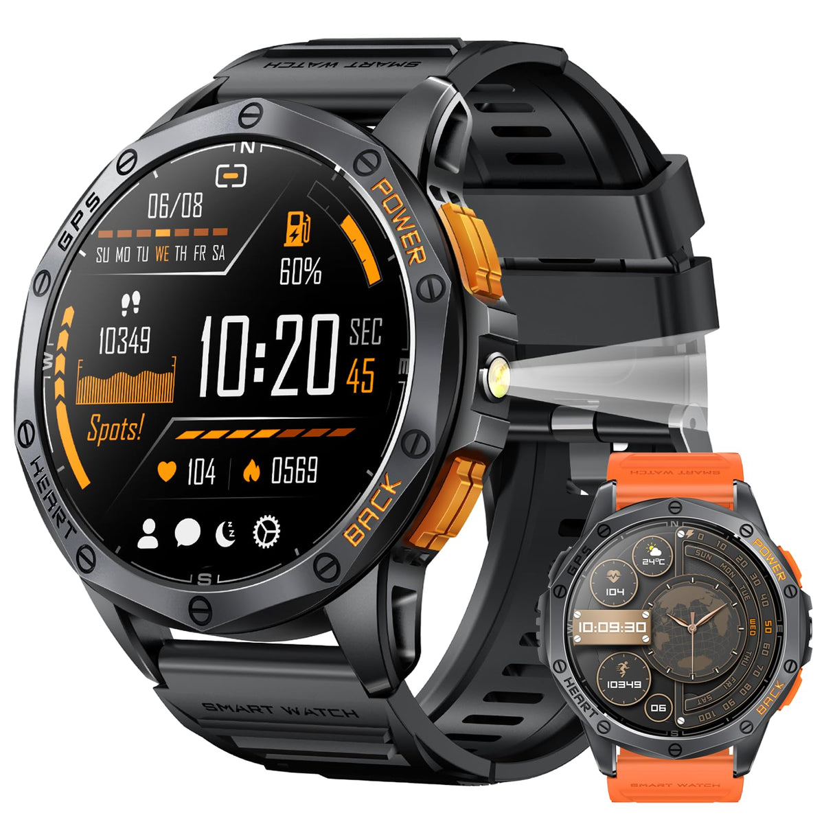 Tiwain military smartwatch front view demonstrates rugged design and quick access to functions.