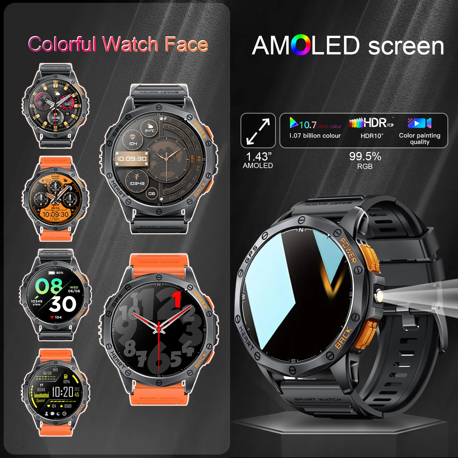 Tiwain smartwatch LED flashlight night usage adds hands-free illumination.