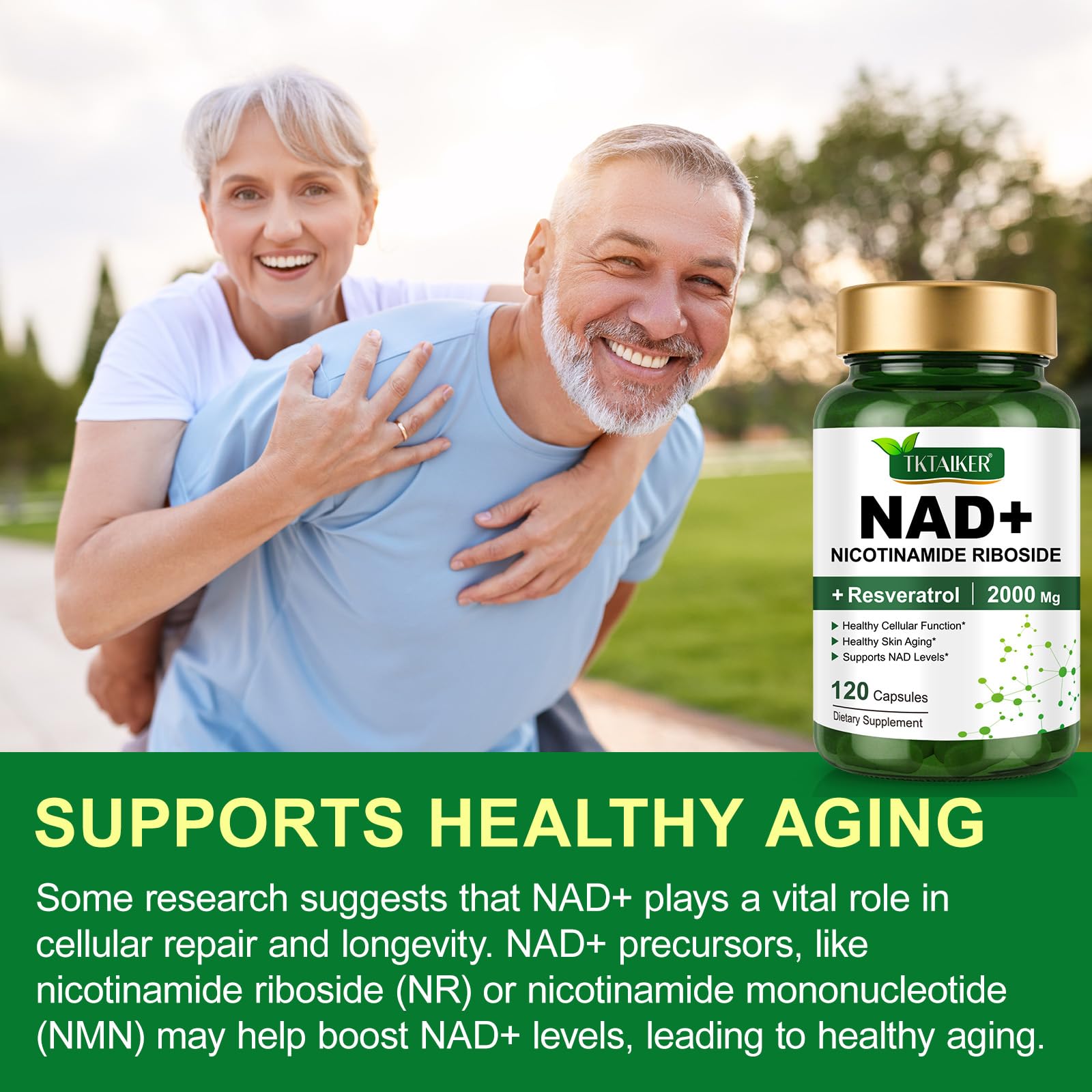 TKTALKER NAD ingredients panel features Resveratrol and Vitamin B3.