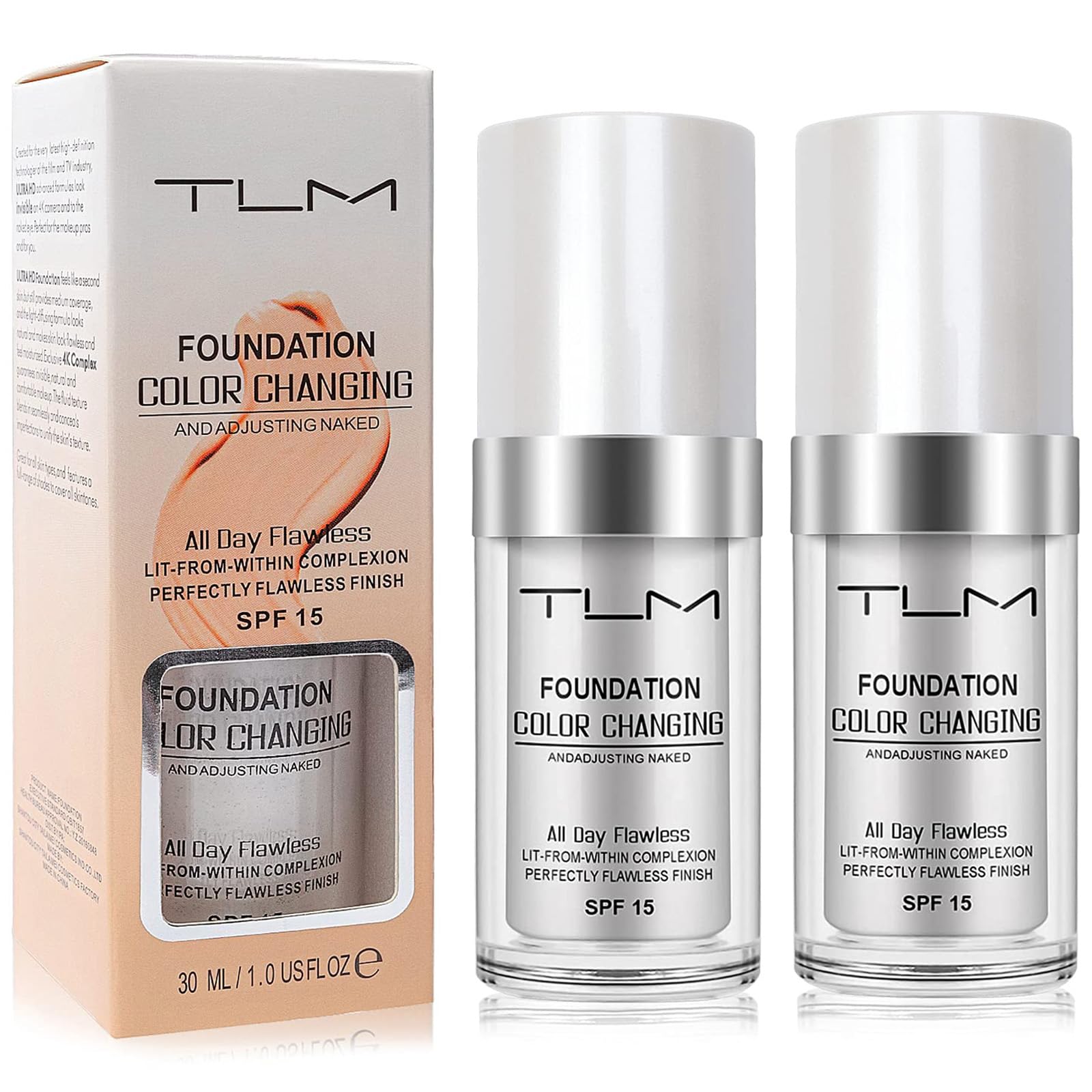 TLM flawless color-changing foundation bottle shows self-adjusting shade for diverse skin tones.